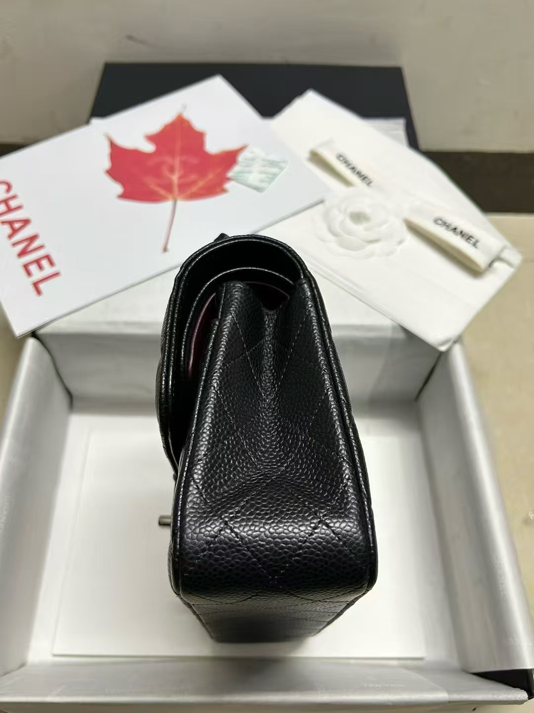 Ch*el small classic handbag grained calfskin & silver-tone metal black 5.7 × 9 × 2.3 in