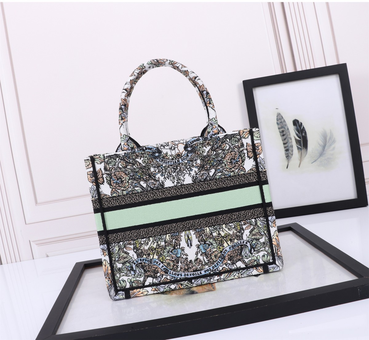 small D*or book tote white multicolor toile de jouy mexico embroidery 10.5 x 8.5 x 5.5 inches