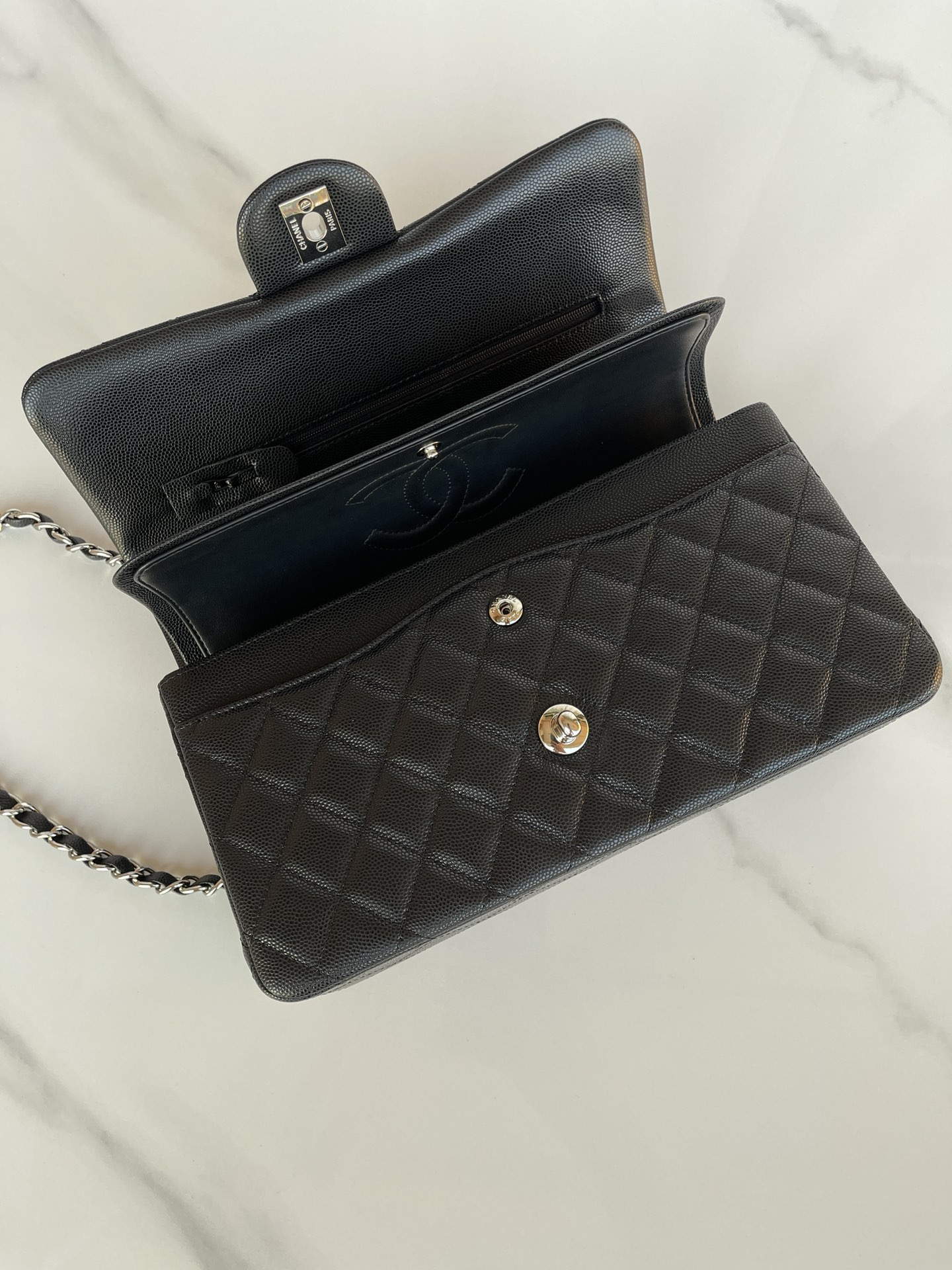 Ch*el classic handbag grained calfskin 6 × 9.9 × 2.5 in