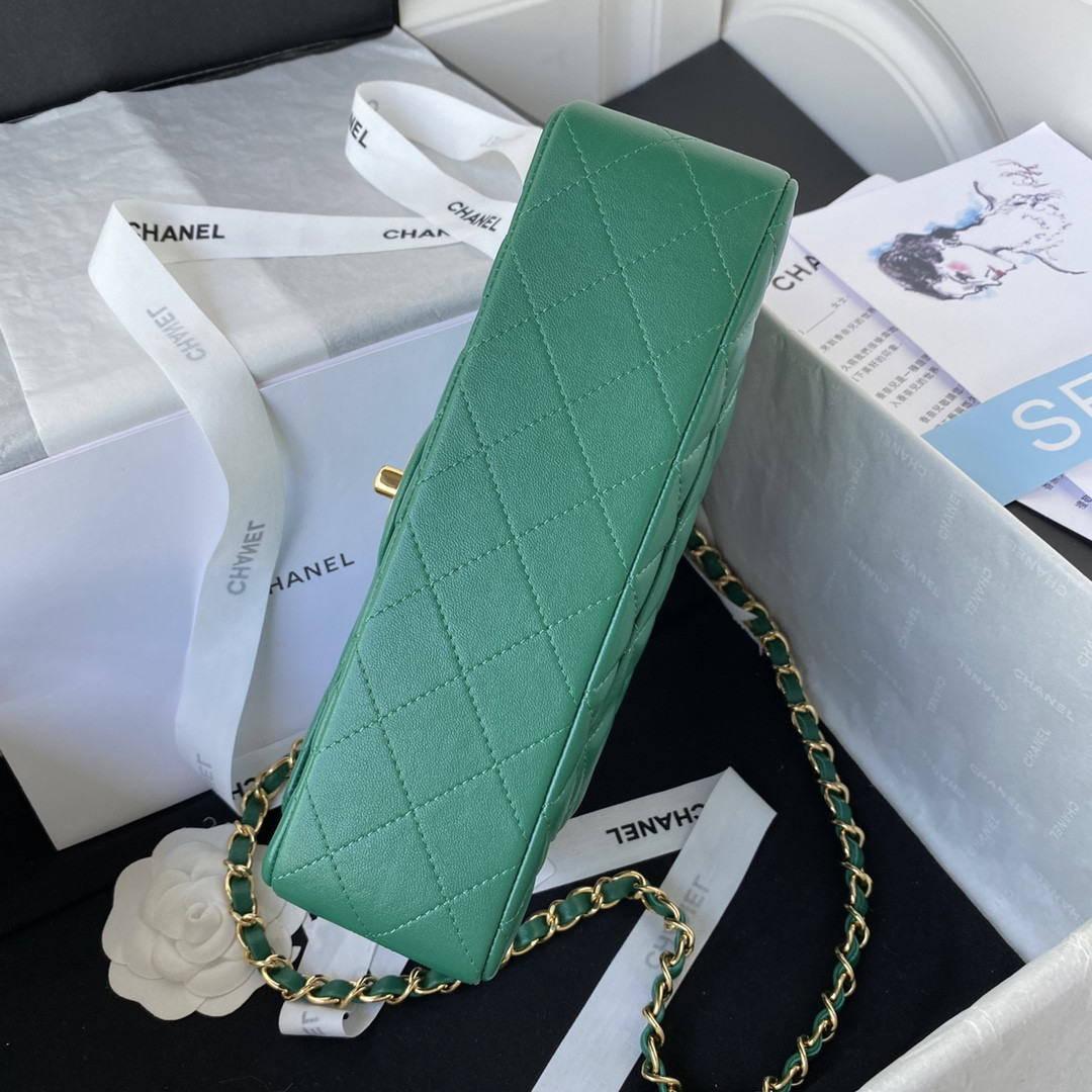 Ch*el small classic handbag grained shiny calfskin & gold-tone metal green 5.7 × 9 × 2.3 in