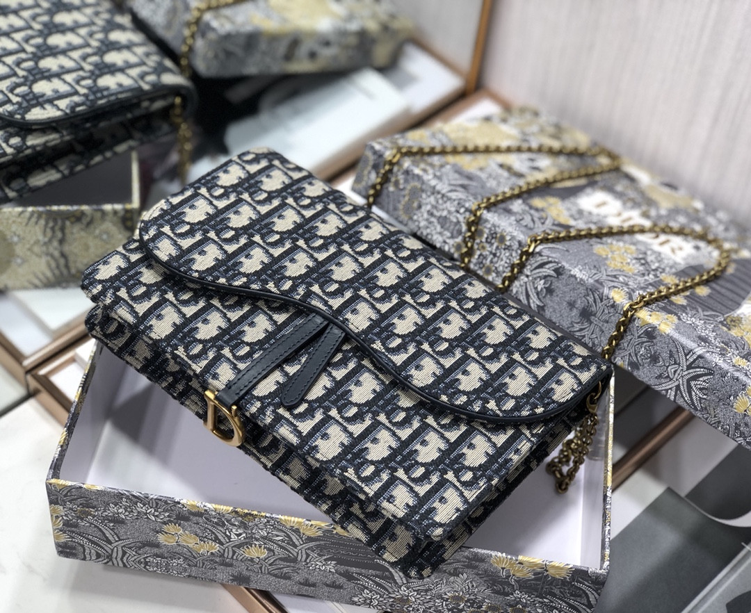 D*or saddle pouch  blue D*or oblique jacquard 8.5 x 5.5 x 1.5 inches