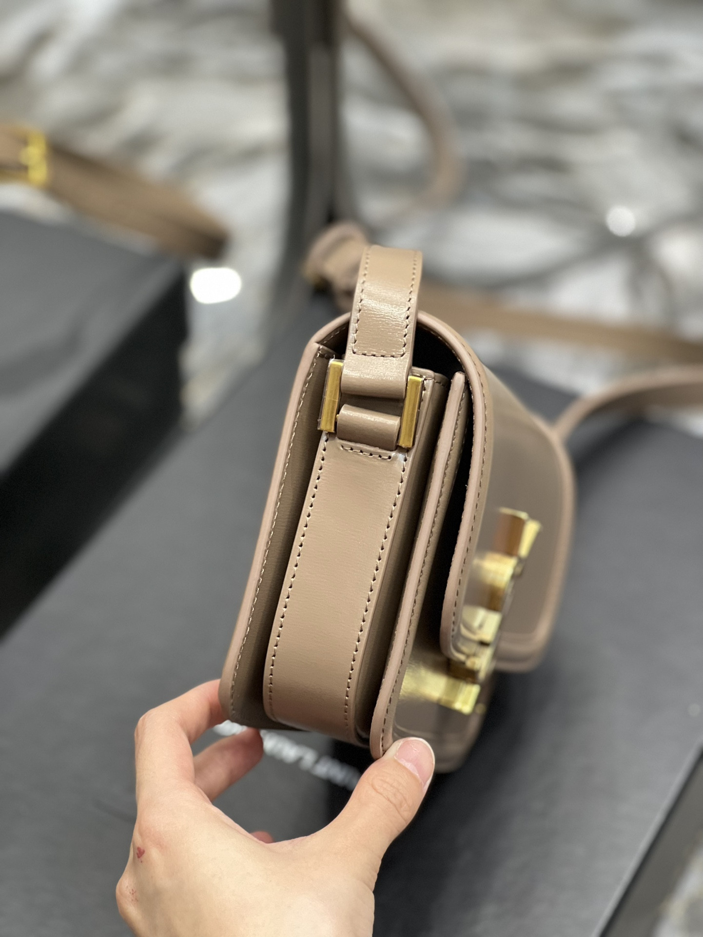 y*l solferino small satchel in box Sa**t Lau*nt pink 7.4 x 5.1 x 1.9 inches